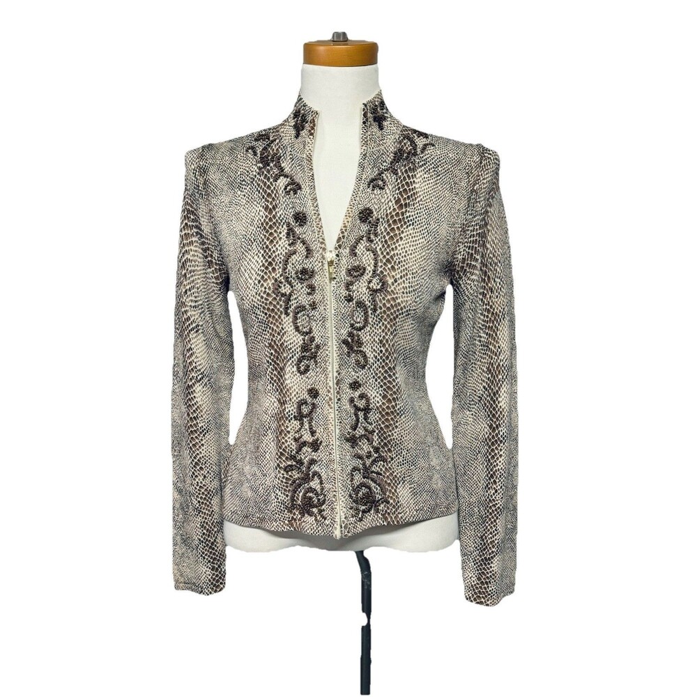 Bloomingdales Sweater Women's PS Petite Zip Up Cardigan Snakeskin Print w Beads